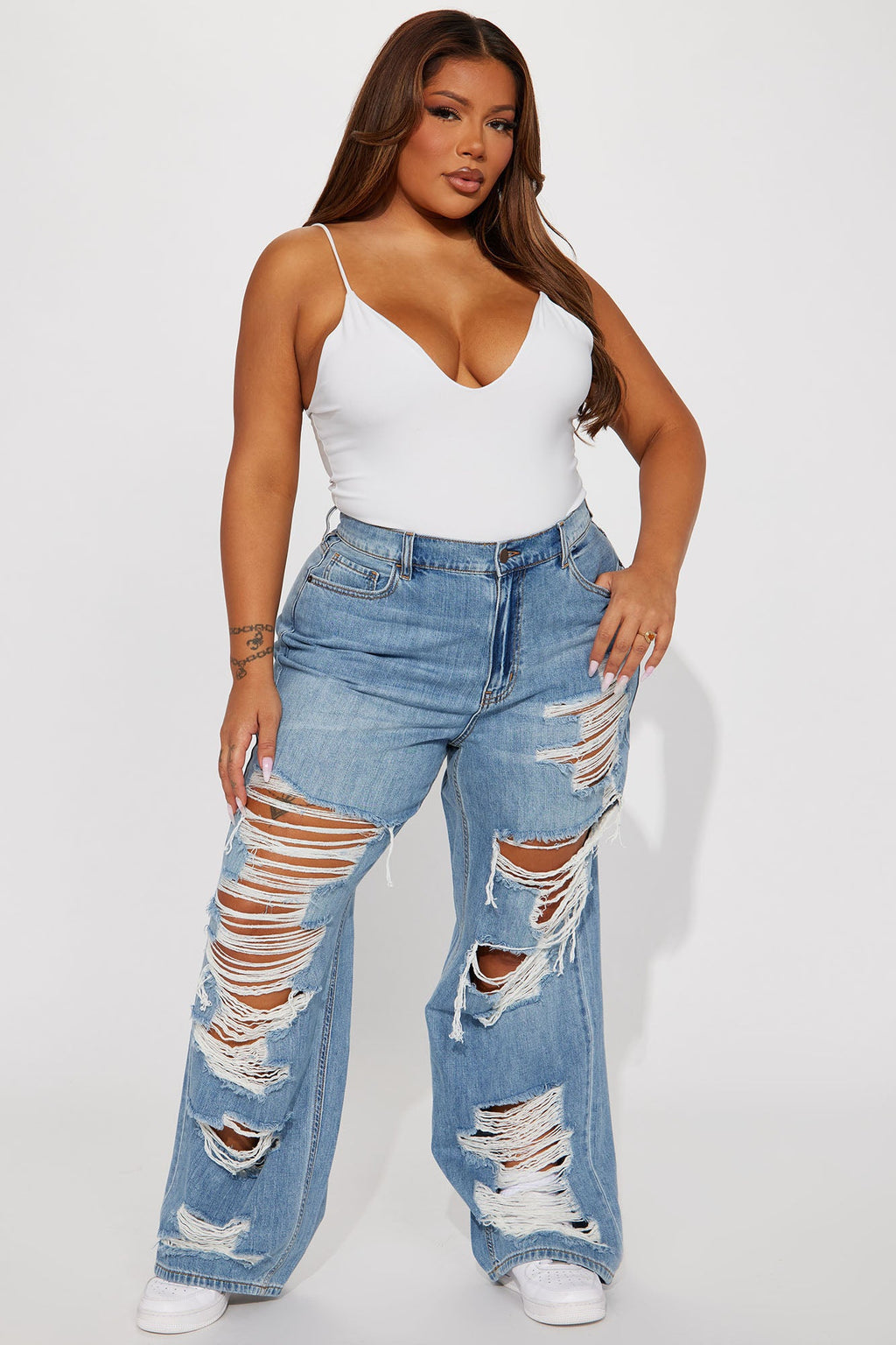 Sydney Shredded Non Stretch Loose Jeans - Medium Wash