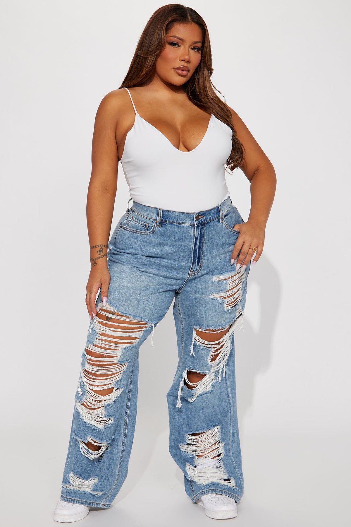 Sydney Shredded Non Stretch Loose Jeans - Medium Wash