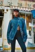 Elora Crossover Funnel Neck Denim Trucker Jacket - Dark Wash