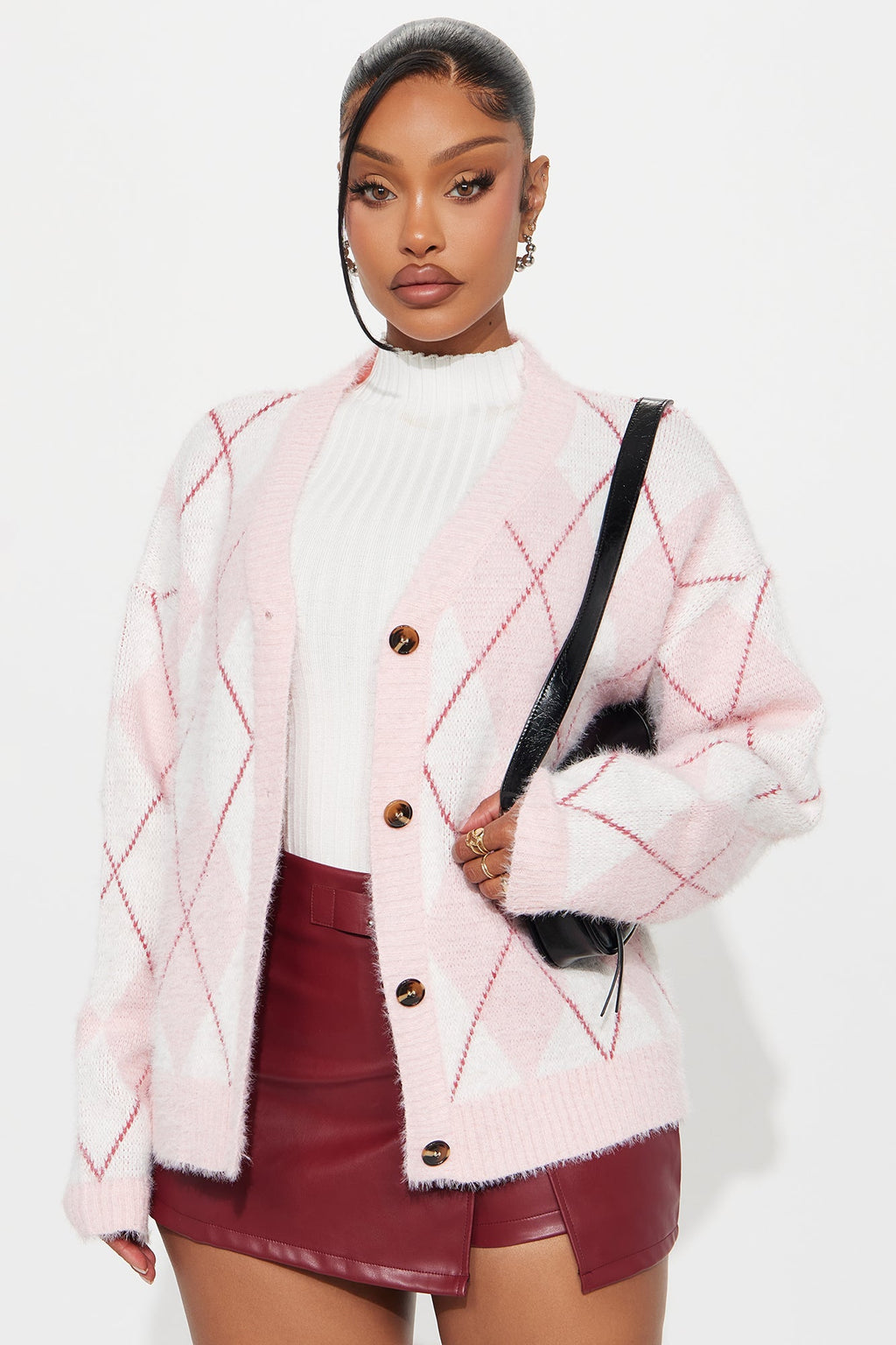 Preppy Girl Argyle Cardigan - Pink/combo