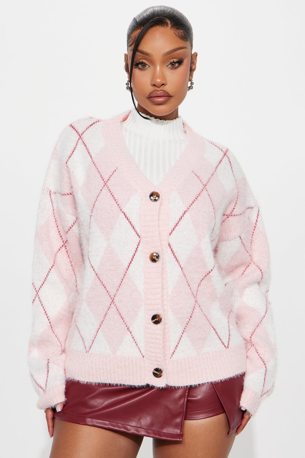 Preppy Girl Argyle Cardigan - Pink/combo