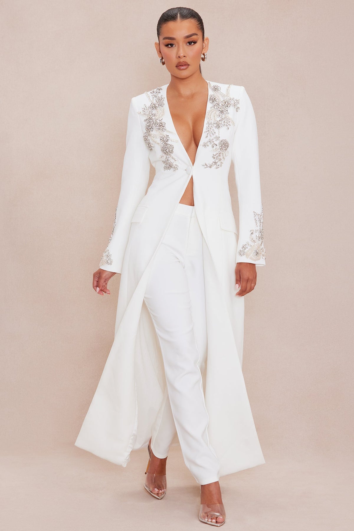 Gracelyn Embellished Maxi Blazer Suit Set - White