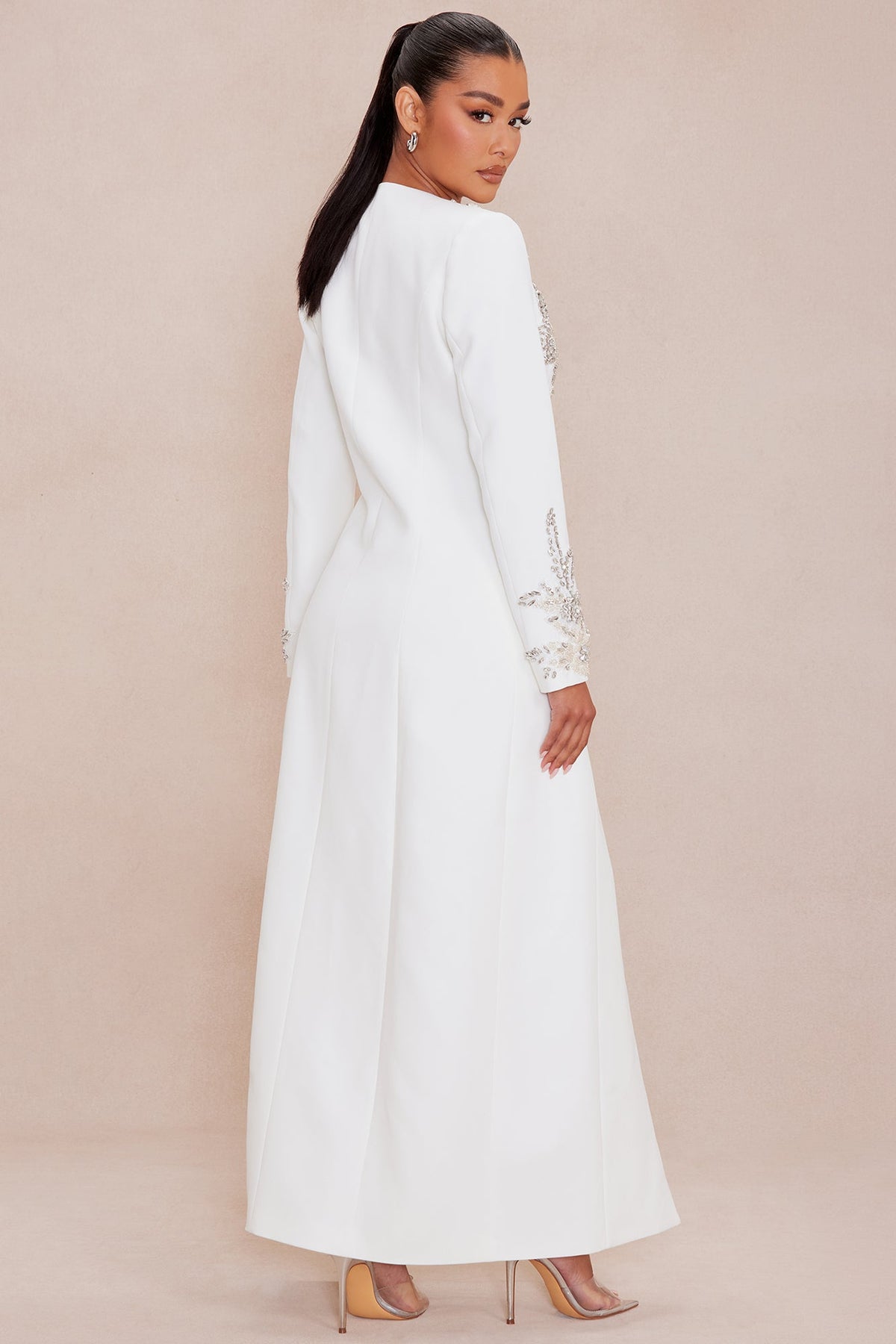 Gracelyn Embellished Maxi Blazer Suit Set - White