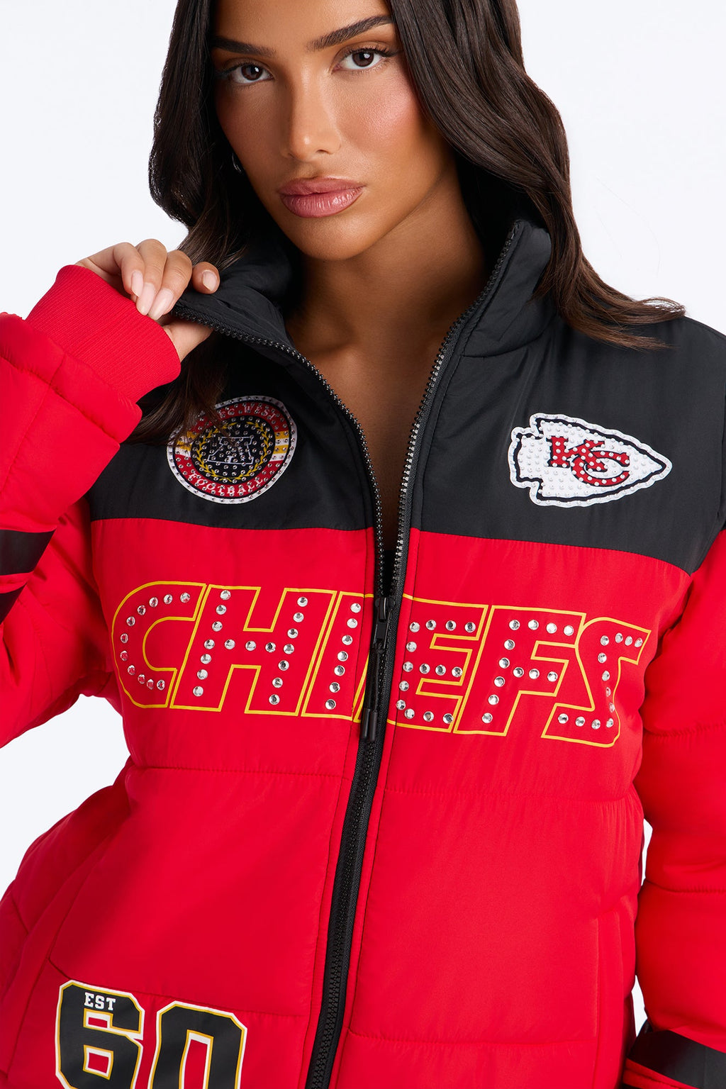 NFL Chiefs Rhinestone Trim Puffer Jacket - Red