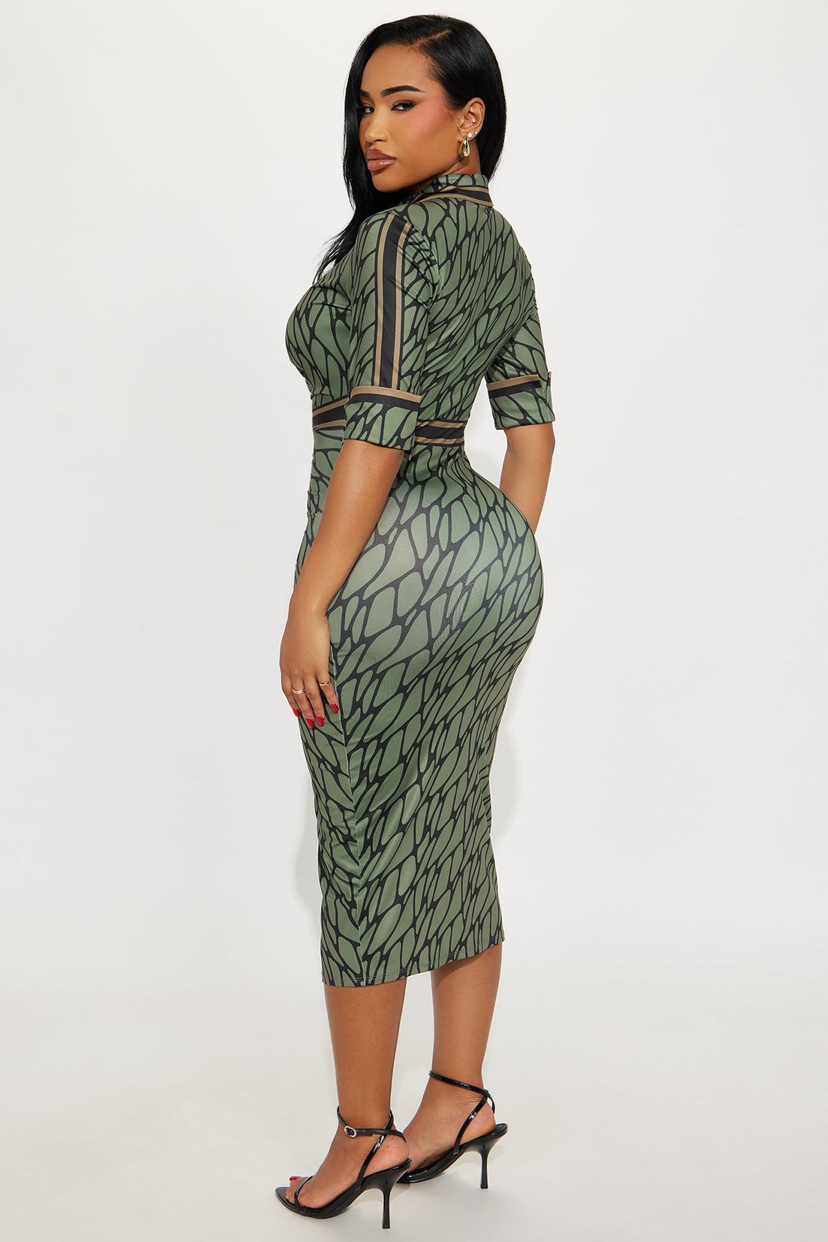Skyla Collar Ruched Midi Dress - Olive/combo