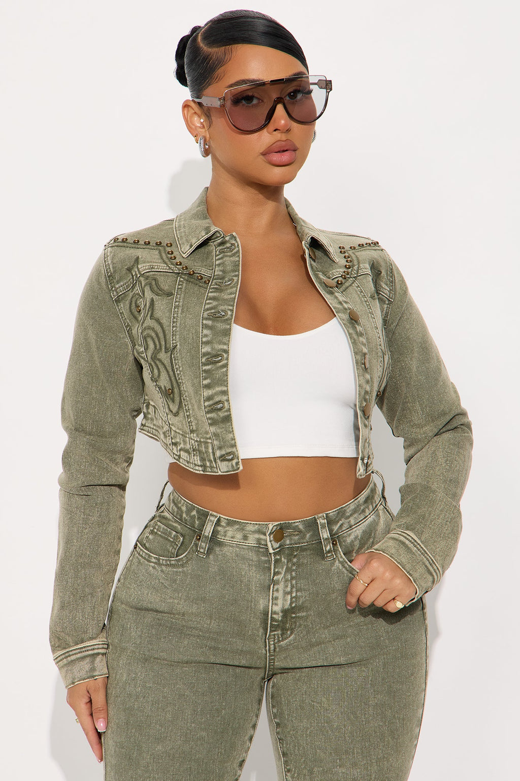 Letting It Ride Embellished Stretch Denim Jacket - Olive