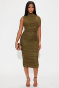 Diya Draped Mesh Midi Dress - Olive