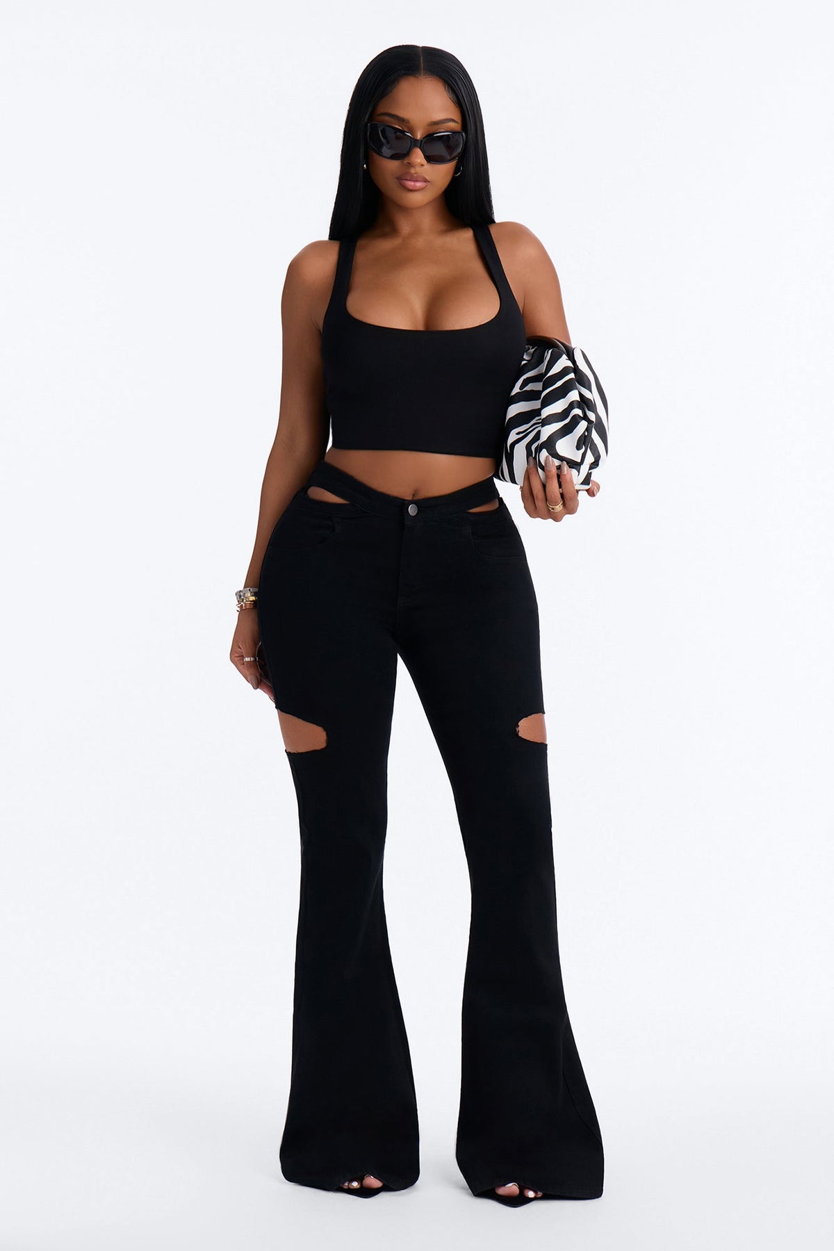 Eternal Nights Cut Out Stretch Flare Jeans - Black