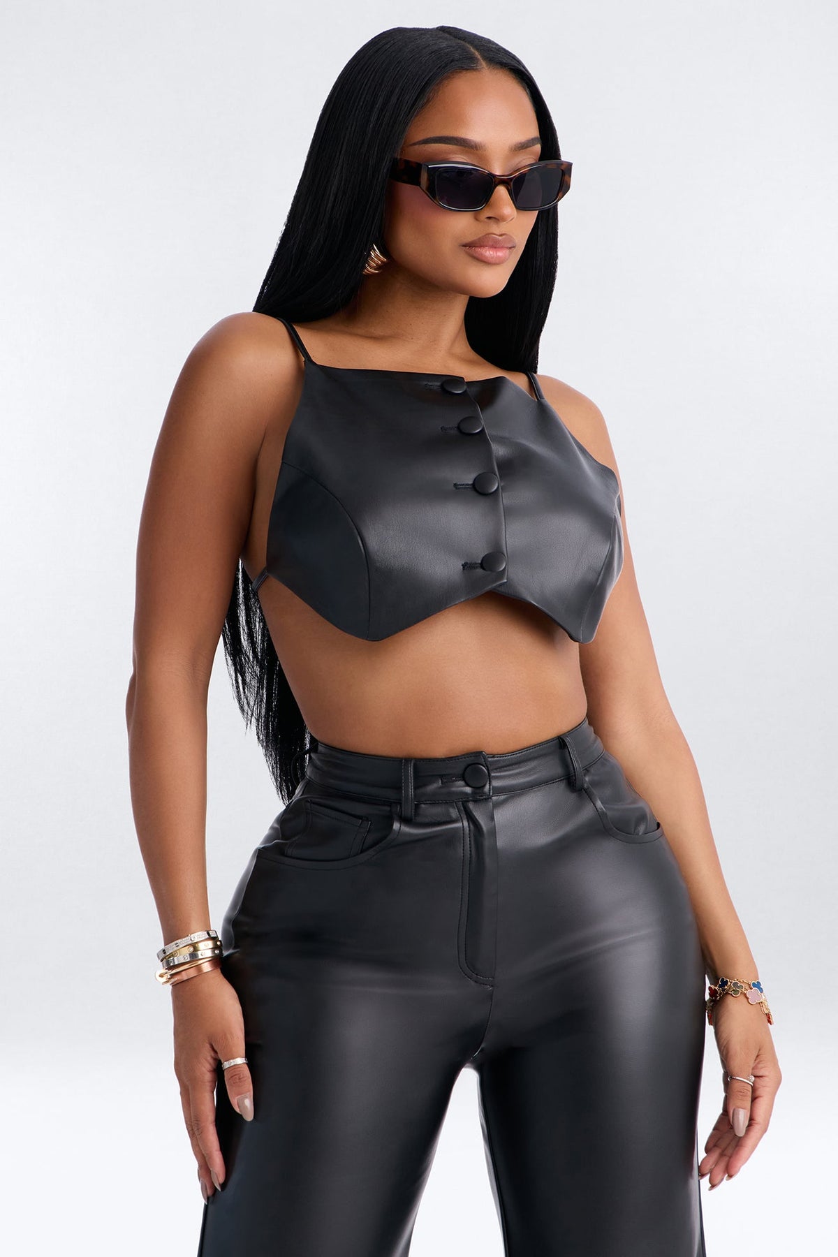Midnight Faux Leather Pant Set - Black