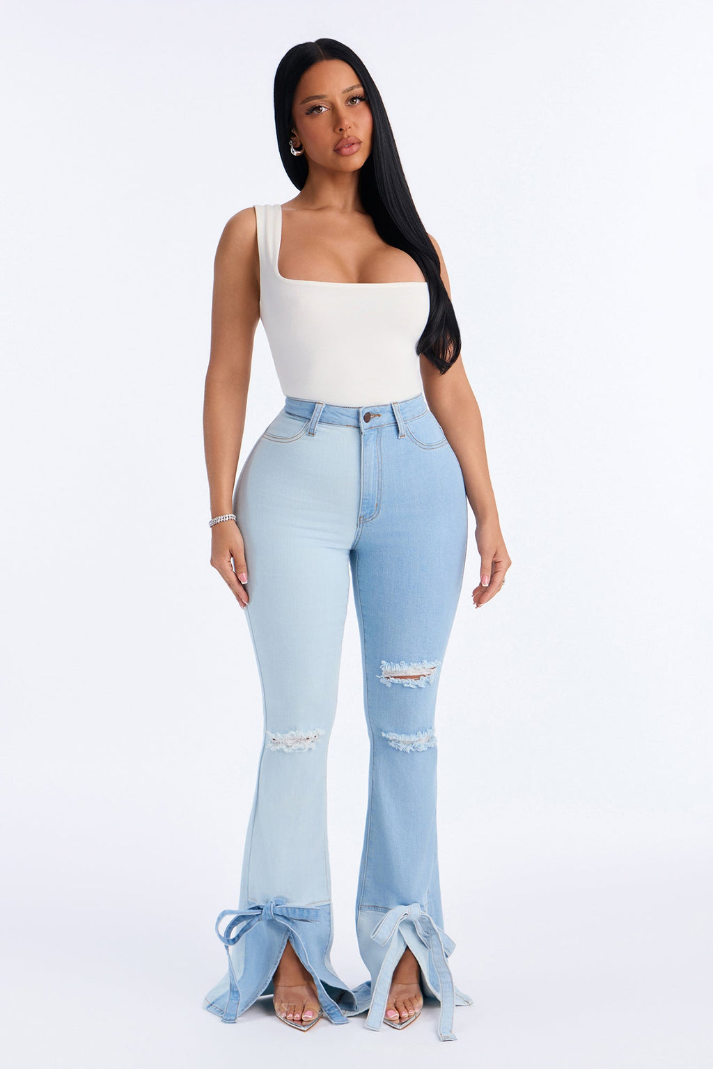 Tied To Ya Patchwork Split Hem FlareJeans - Light Wash