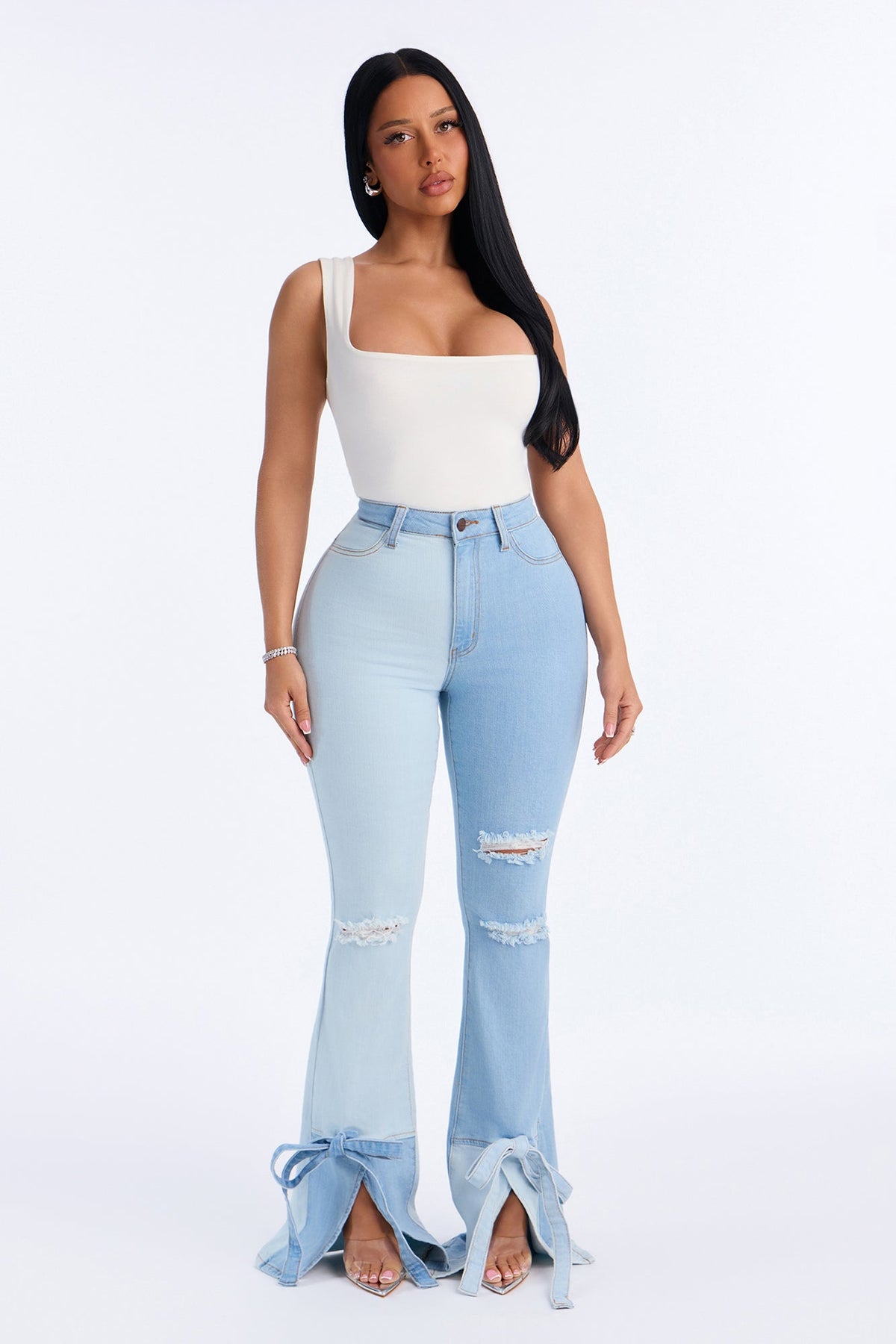 Tied To Ya Patchwork Split Hem FlareJeans - Light Wash