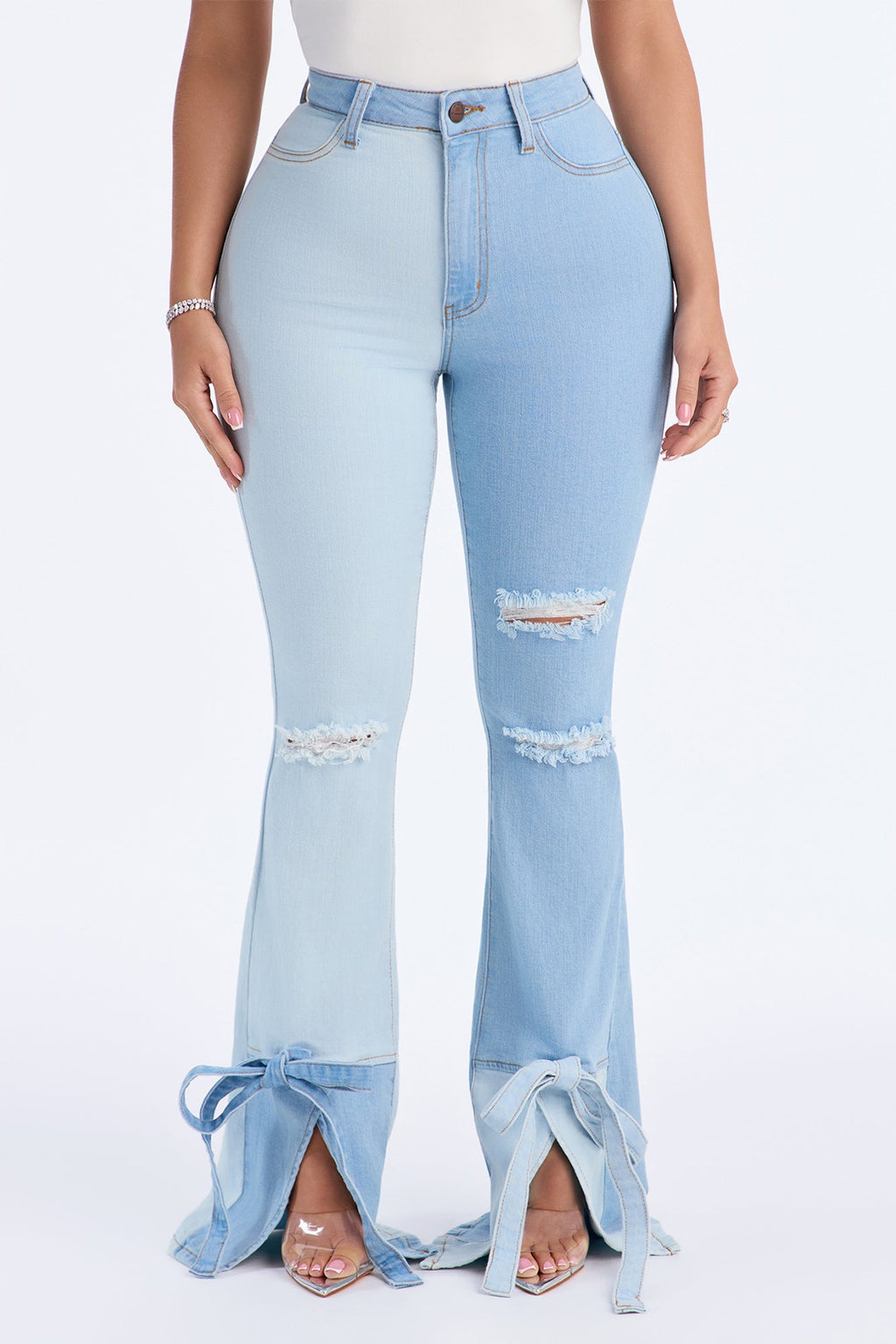 Tied To Ya Patchwork Split Hem FlareJeans - Light Wash