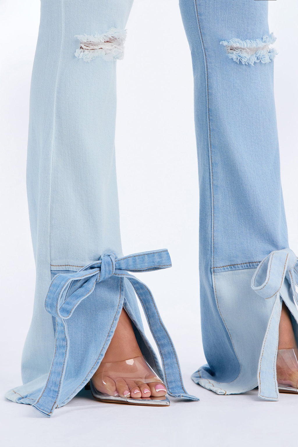 Tied To Ya Patchwork Split Hem FlareJeans - Light Wash