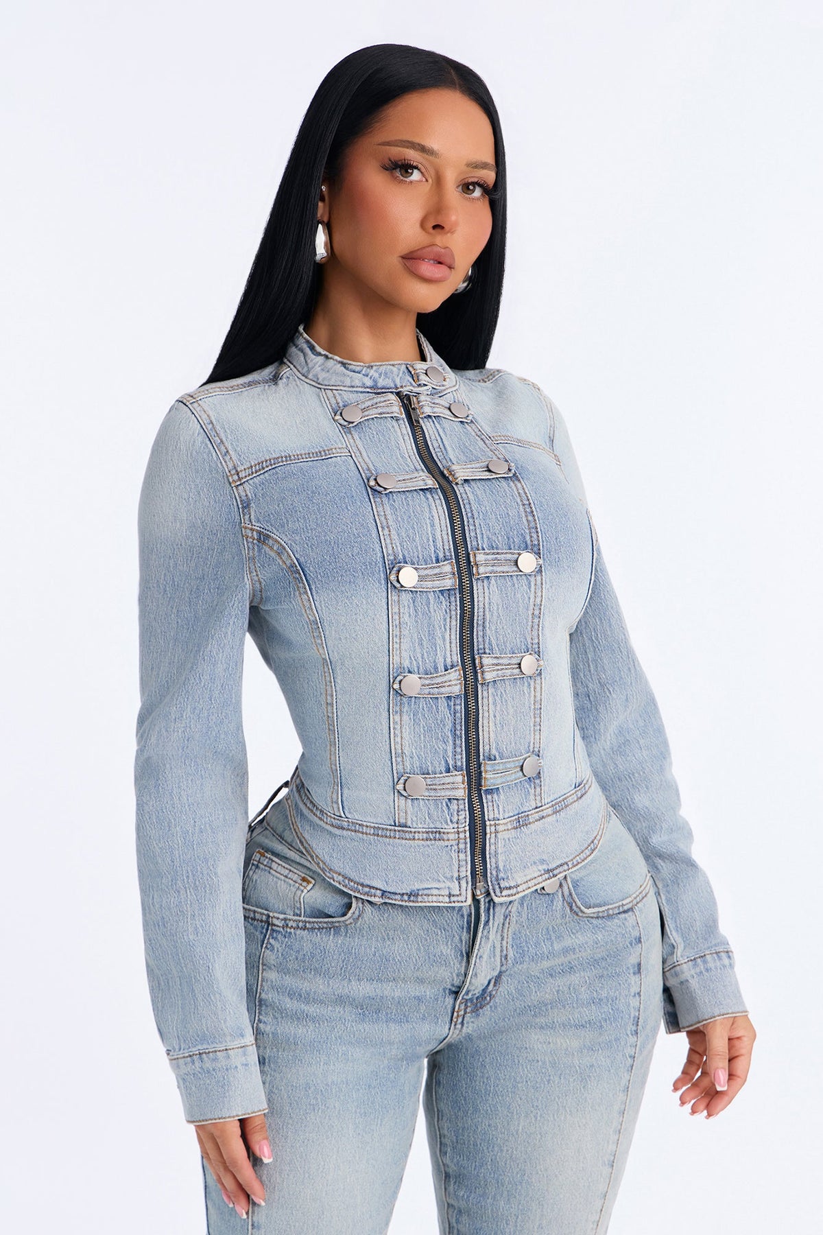 Total Surrender Zip Up Stretch Denim Jacket - Light Wash