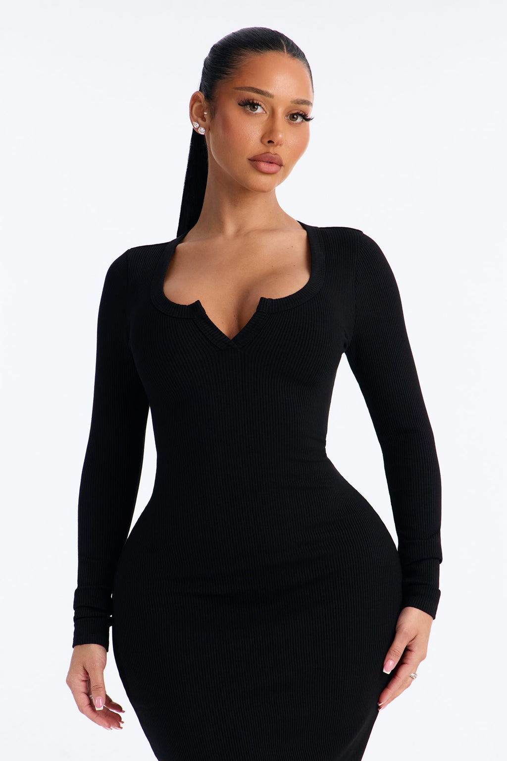Gia Long Sleeve Snatched Midi Dress - Black