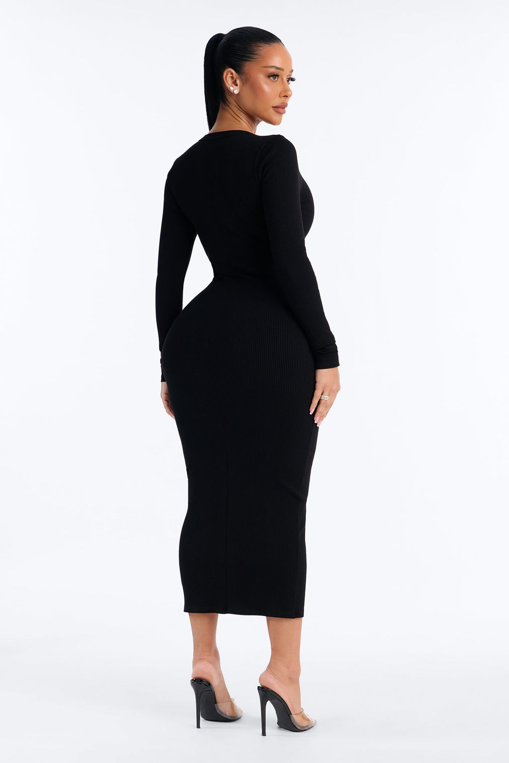 Gia Long Sleeve Snatched Midi Dress - Black