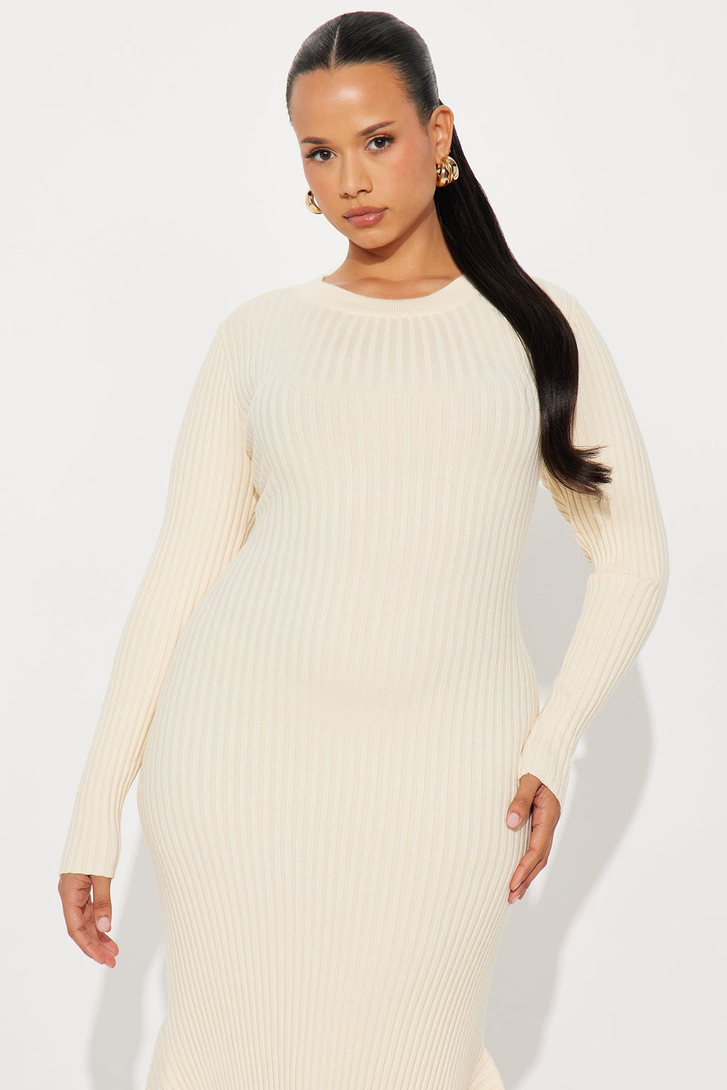 Rare Catch Long Sleeve Ribbed Midi Dress - Cream
