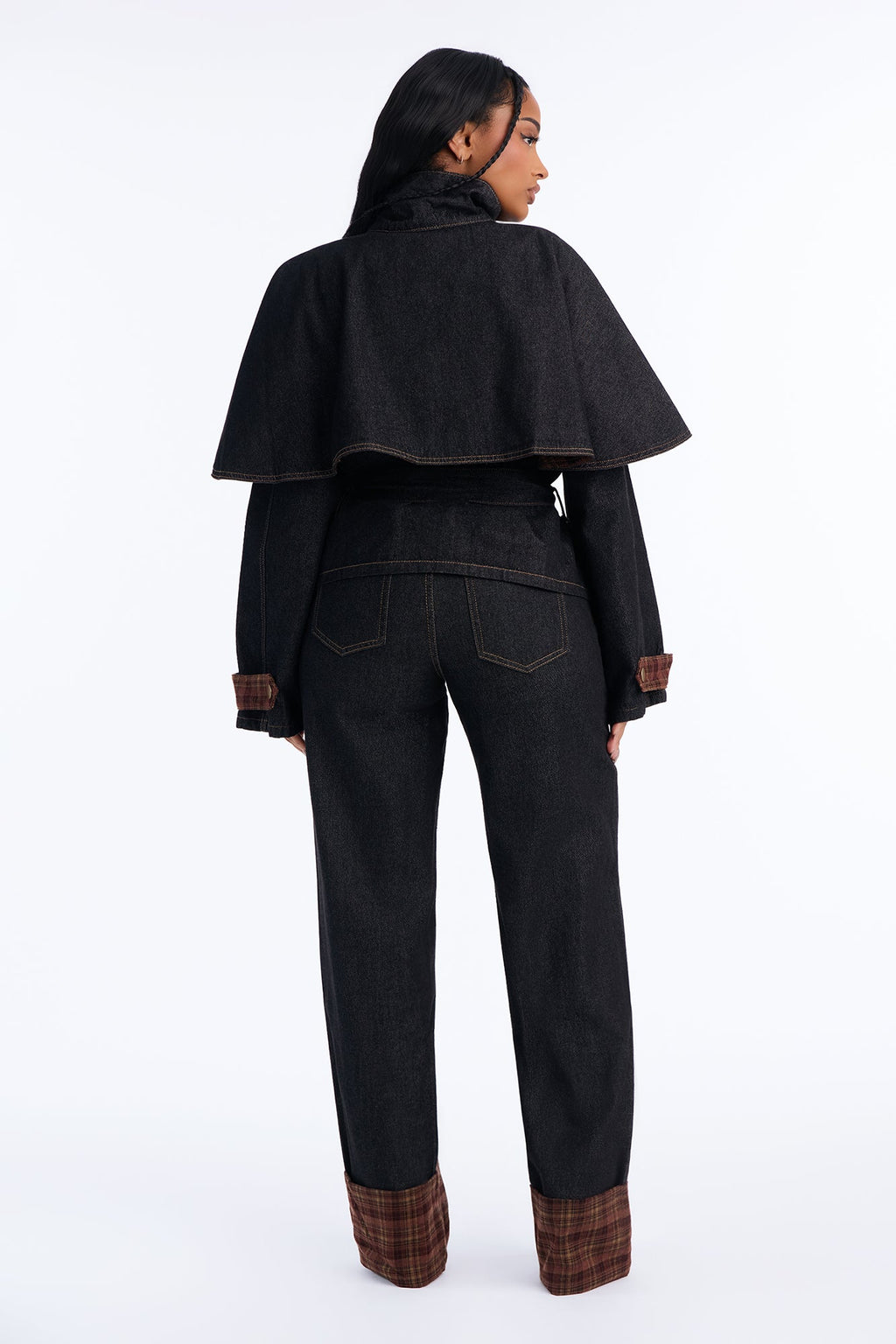 Isolde Plaid Cuffed Straight Leg Jeans - Black