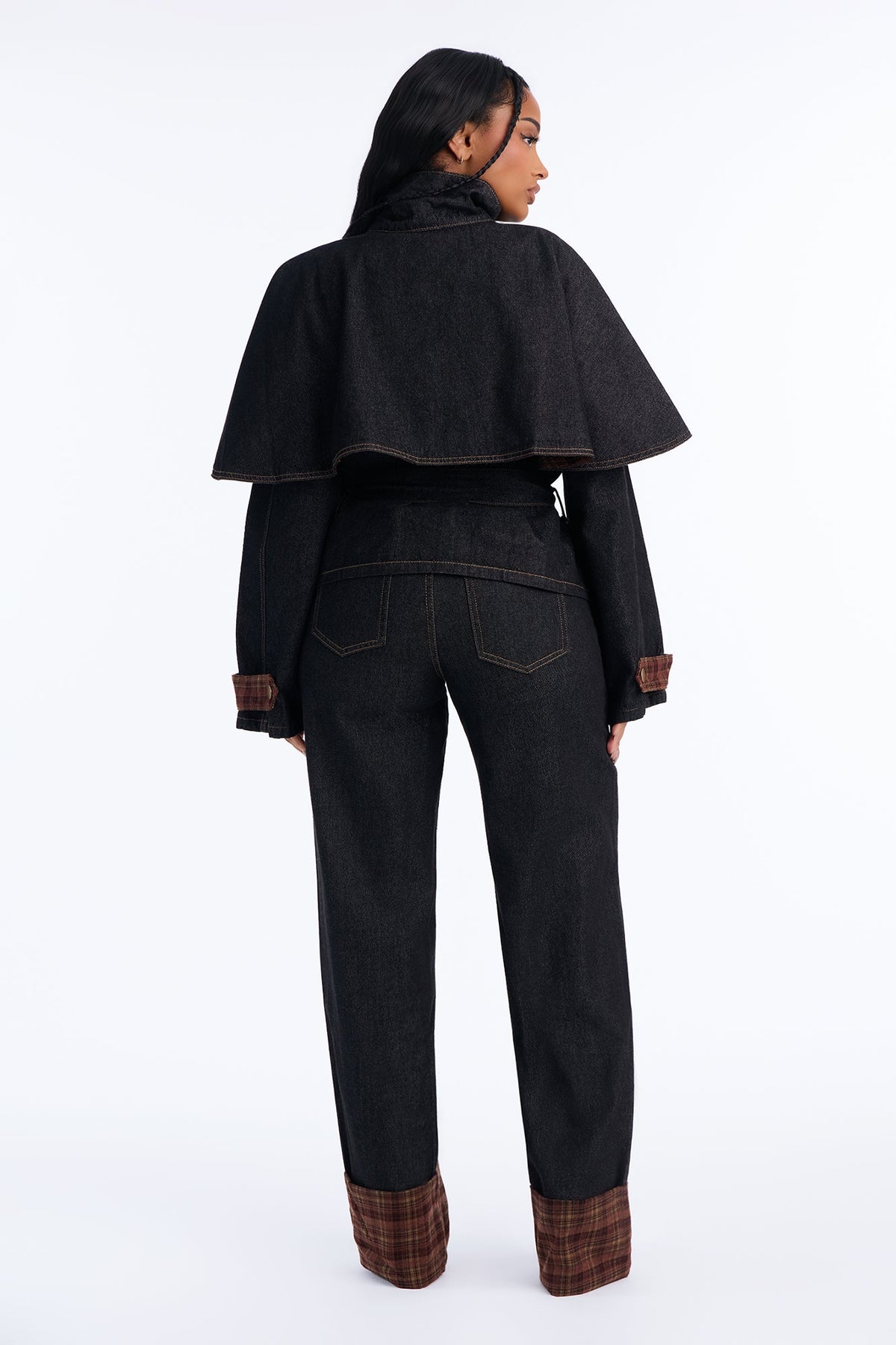 Isolde Plaid Cuffed Straight Leg Jeans - Black