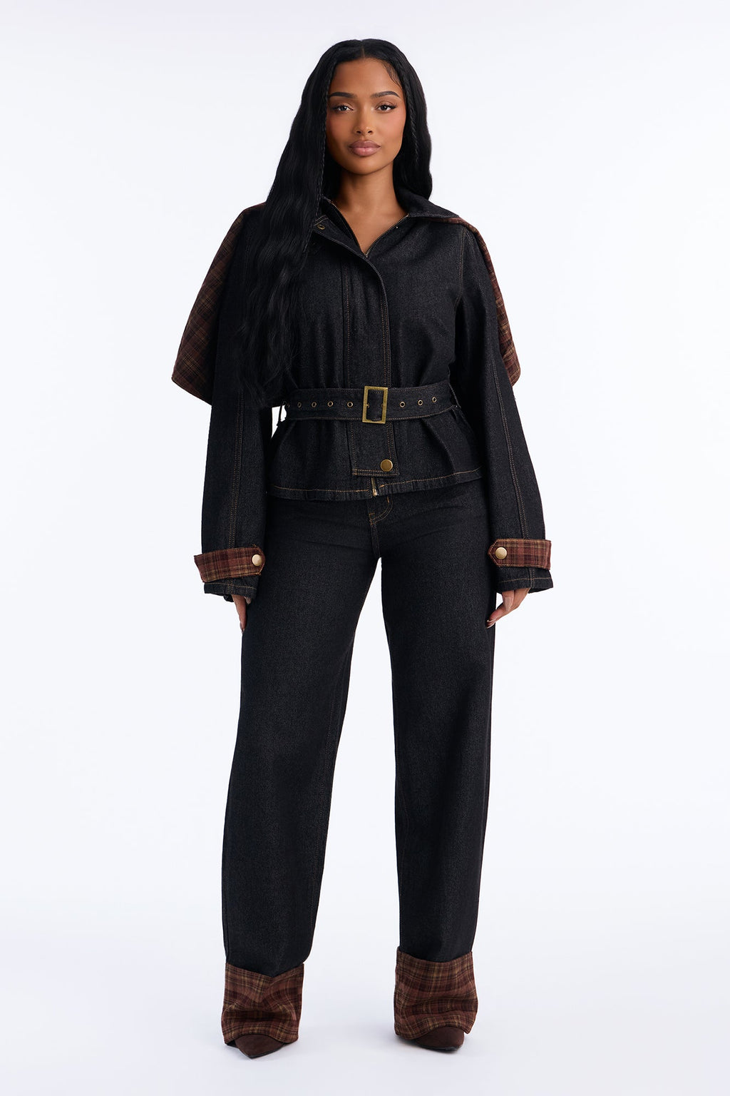 Isolde Plaid Cuffed Straight Leg Jeans - Black