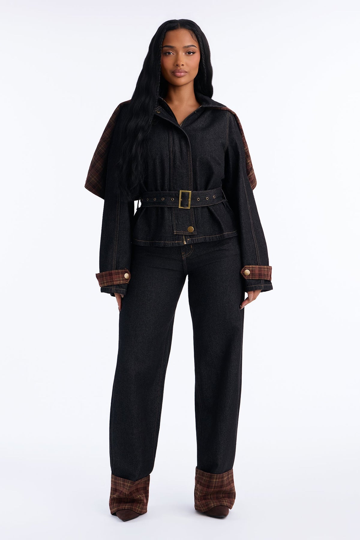 Isolde Plaid Cuffed Straight Leg Jeans - Black