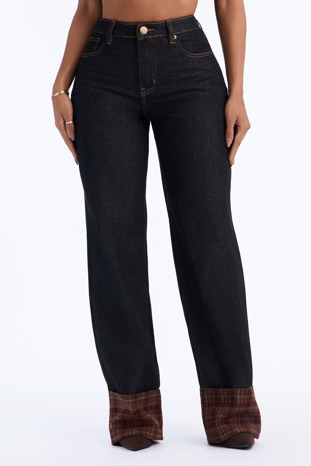 Isolde Plaid Cuffed Straight Leg Jeans - Black
