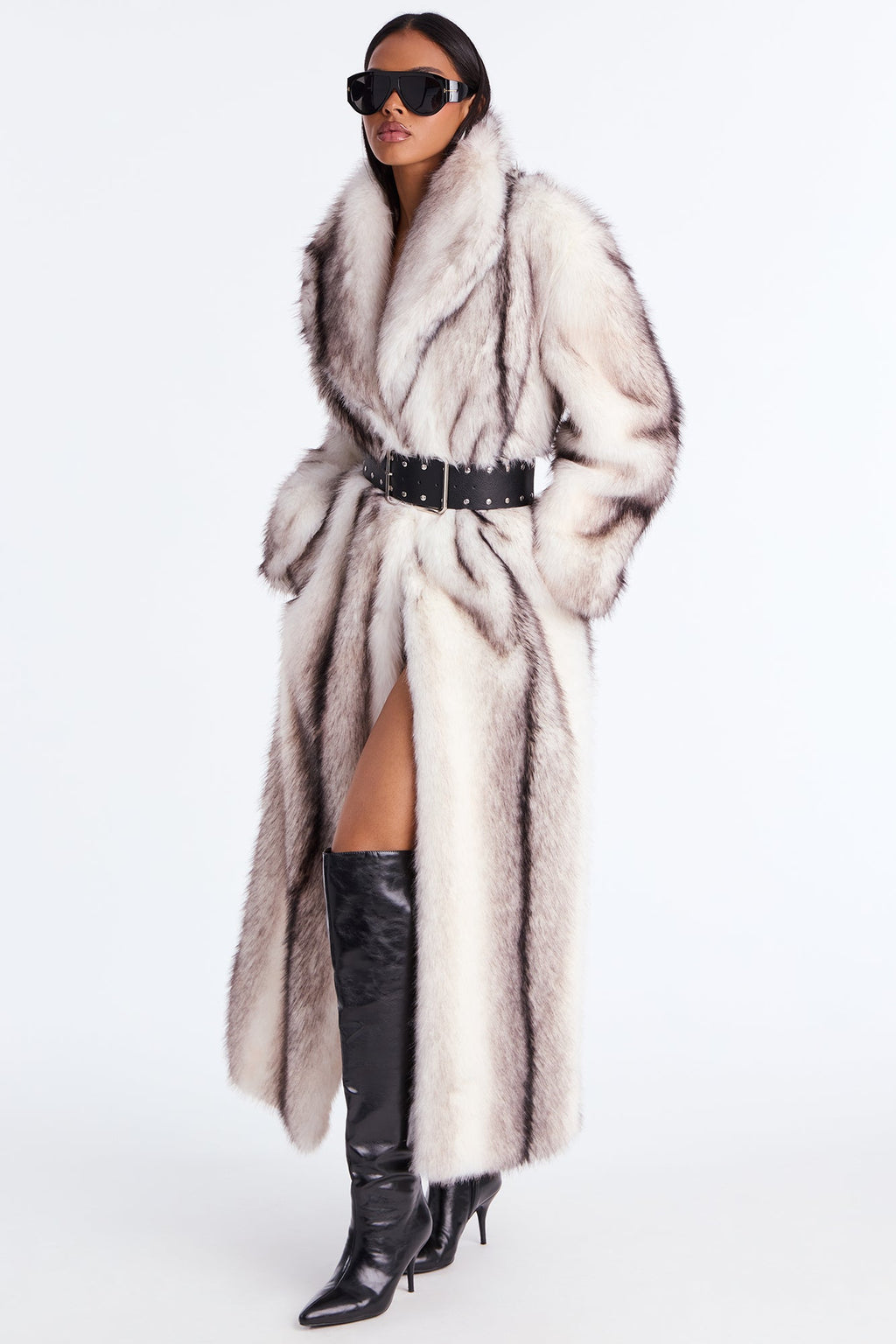 Bellatrix Two Tone Long Faux Fur Coat - Beige