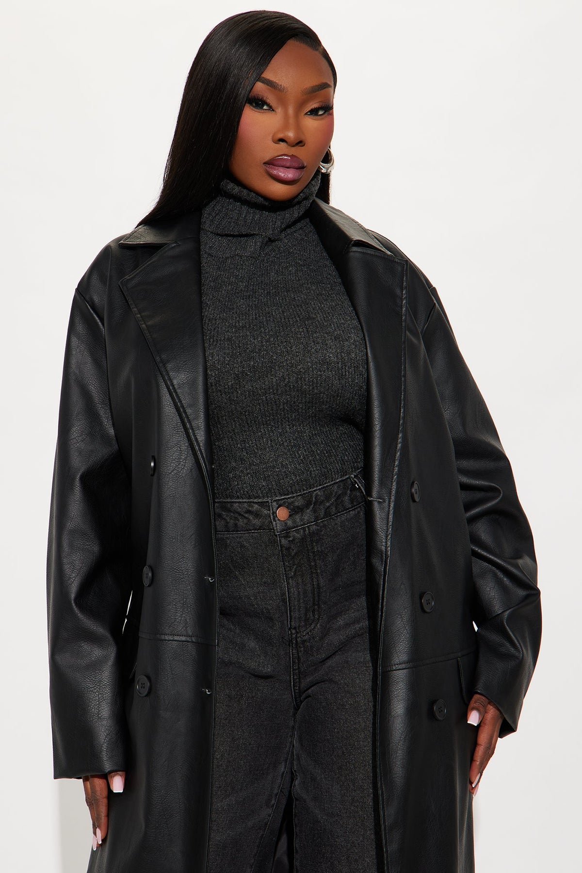 Drew Faux Leather Trench Coat - Black