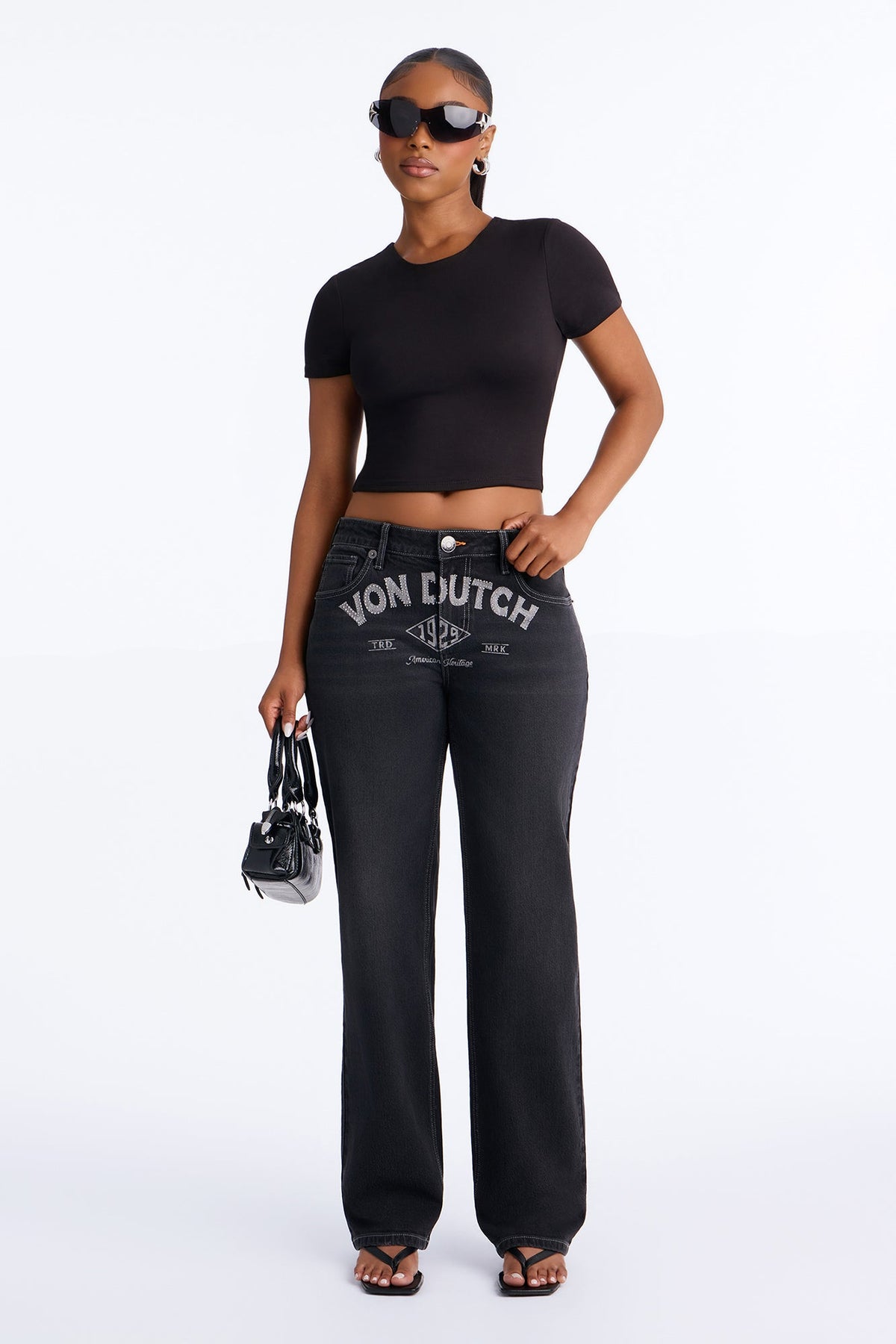 Von Dutch Embellished Low Slung Straight Jeans - Black Wash