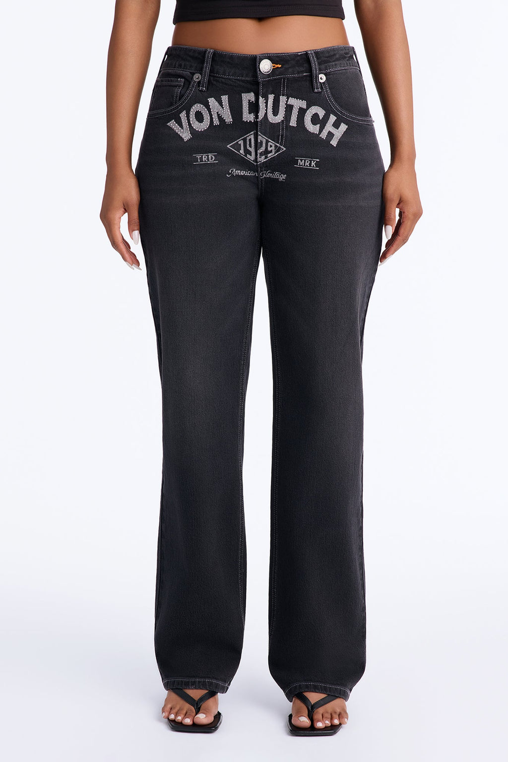 Von Dutch Embellished Low Slung Straight Jeans - Black Wash