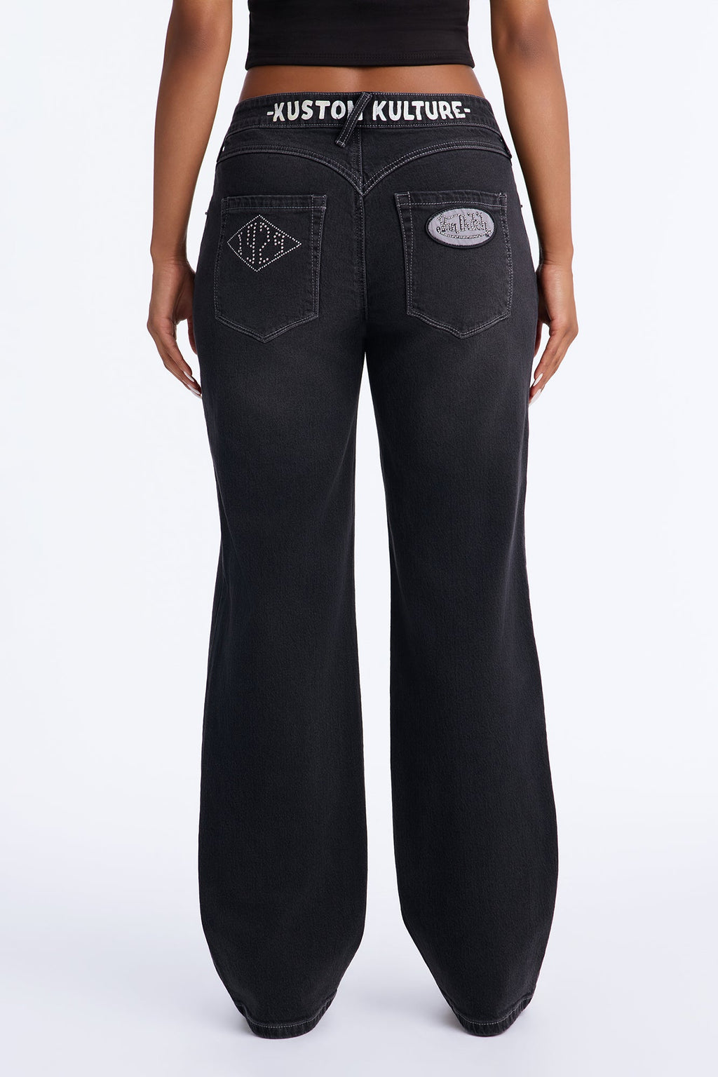 Von Dutch Embellished Low Slung Straight Jeans - Black Wash