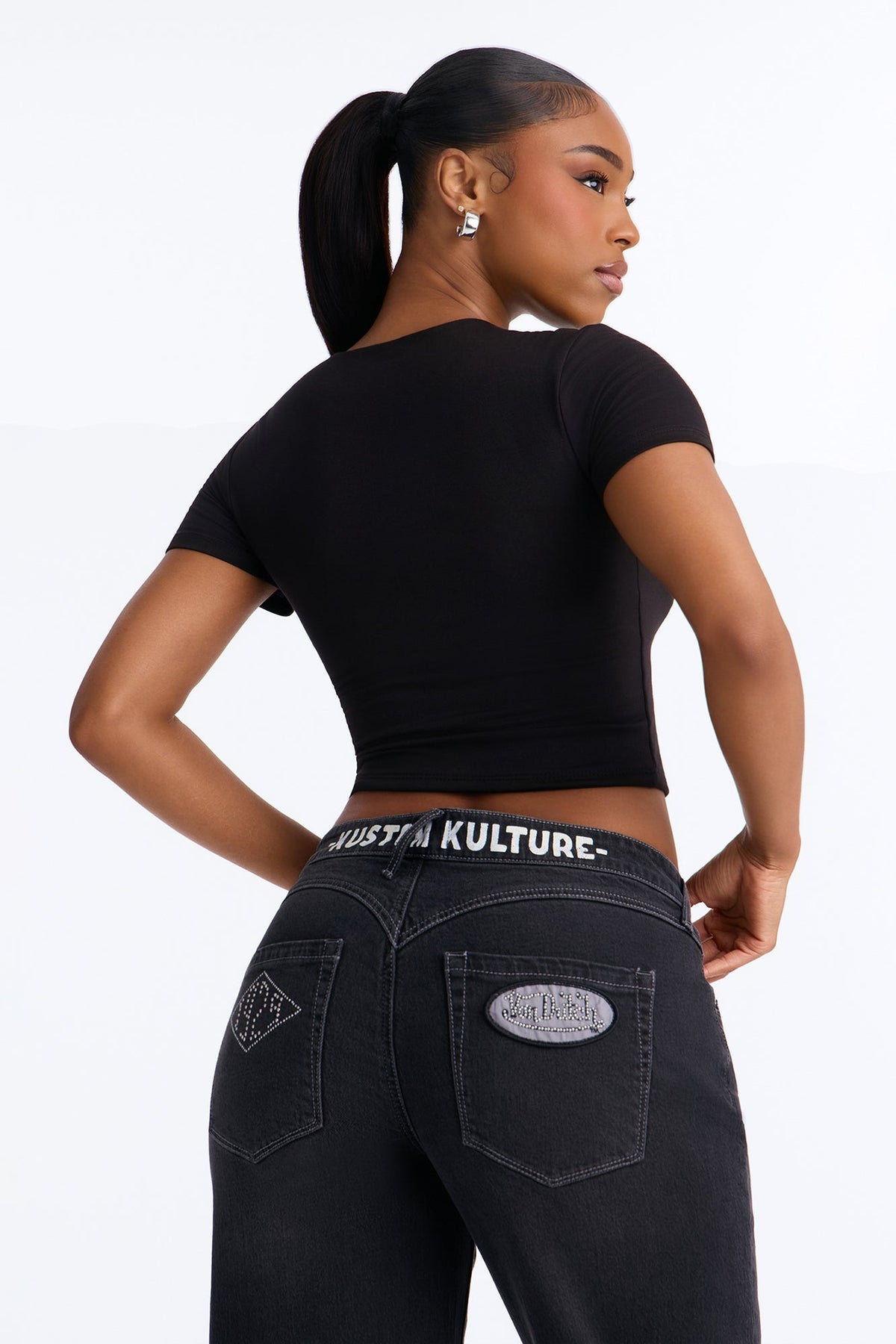 Von Dutch Embellished Low Slung Straight Jeans - Black Wash