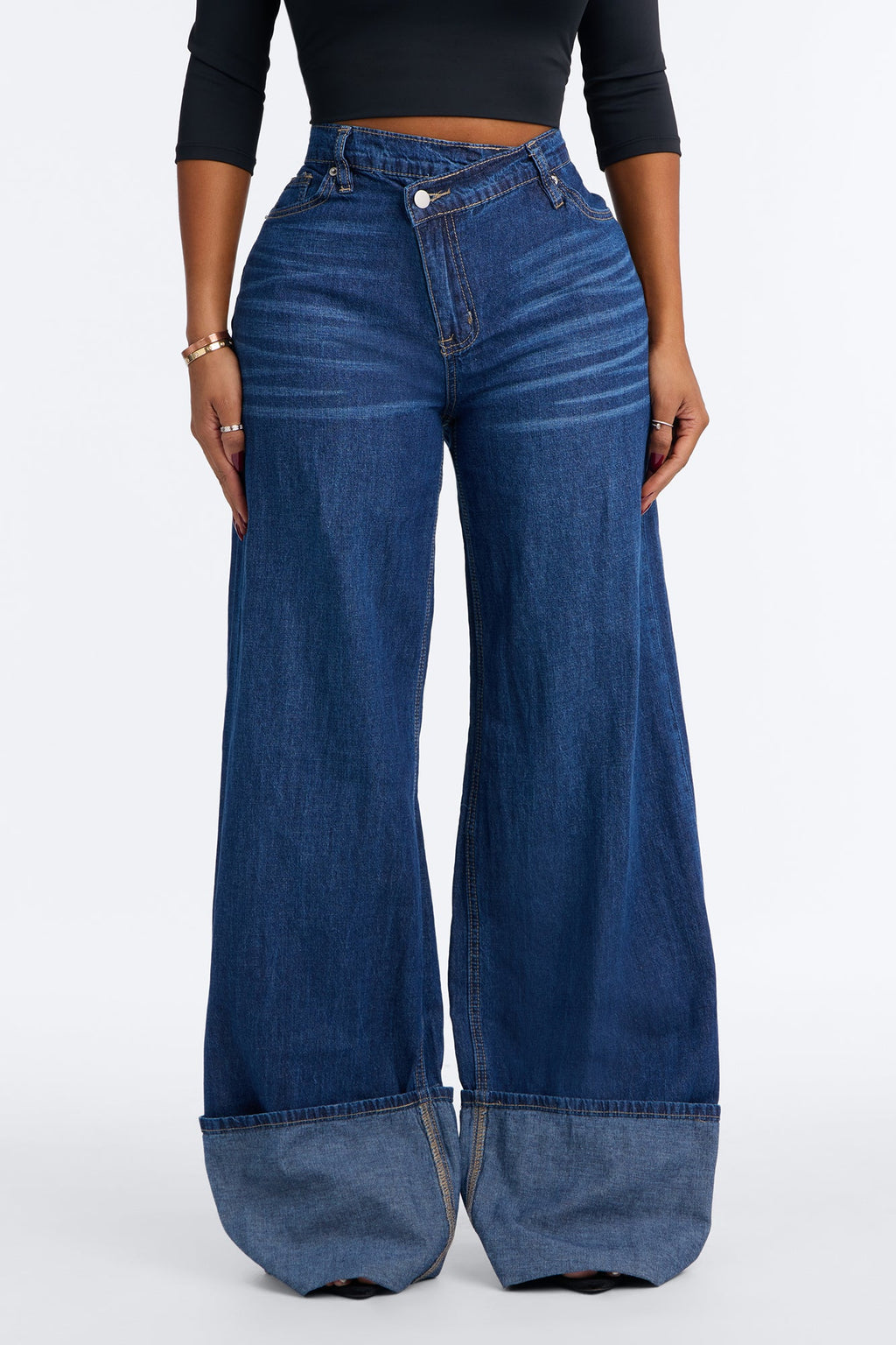 Les Rues Slouchy Crossover Cuffed Wide Leg Jeans - Dark Wash