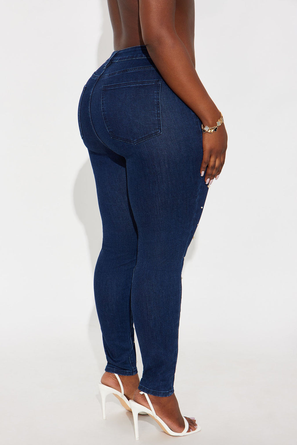 Dripping In Pearls Embellished Skinny Jeans - Dark Wash