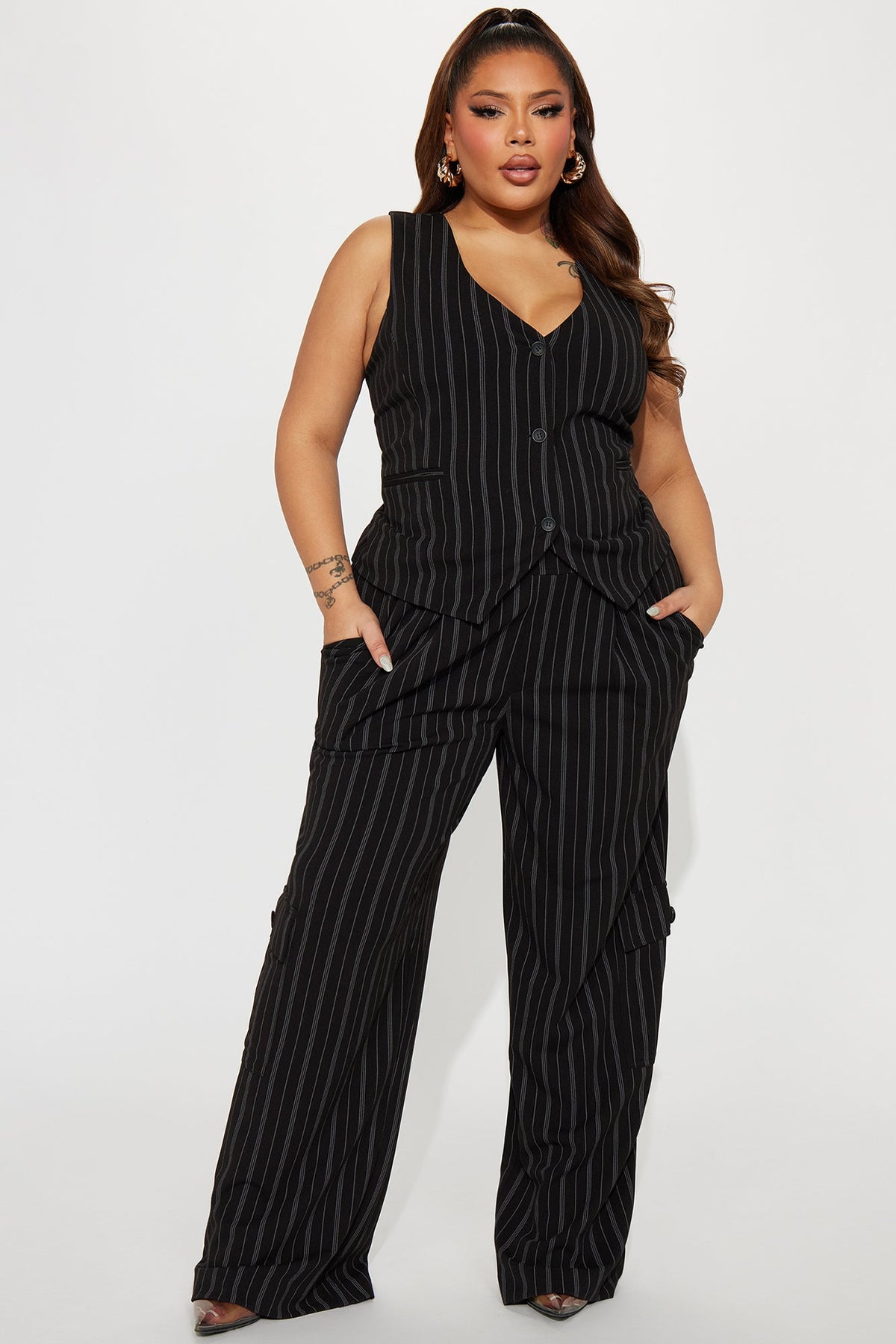 Heidy Pinstripe Vest Pant Set - Black