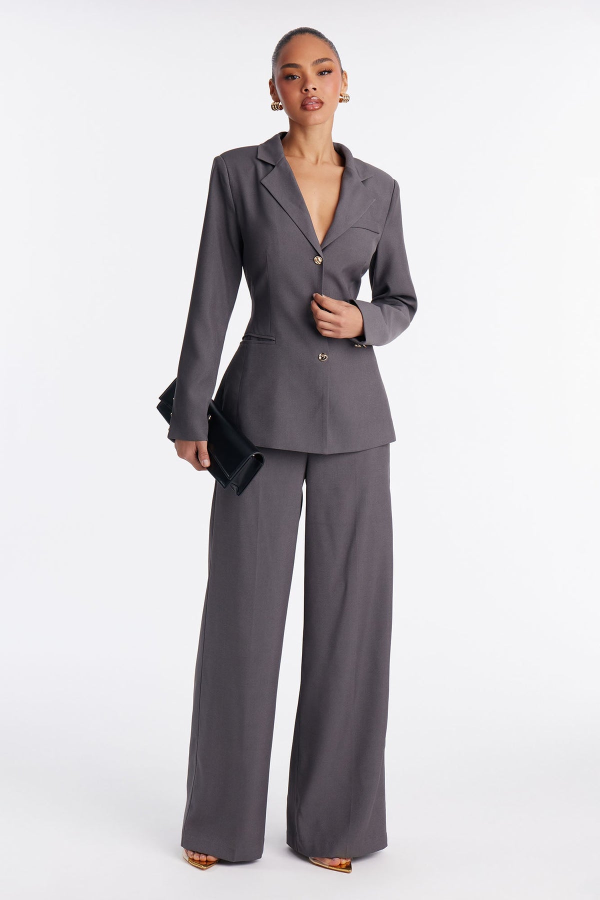 Jaymee Adjustable Waist Blazer Pant Set - Grey