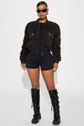 Edgy Girl Washed Bomber Jacket - Brown Combo