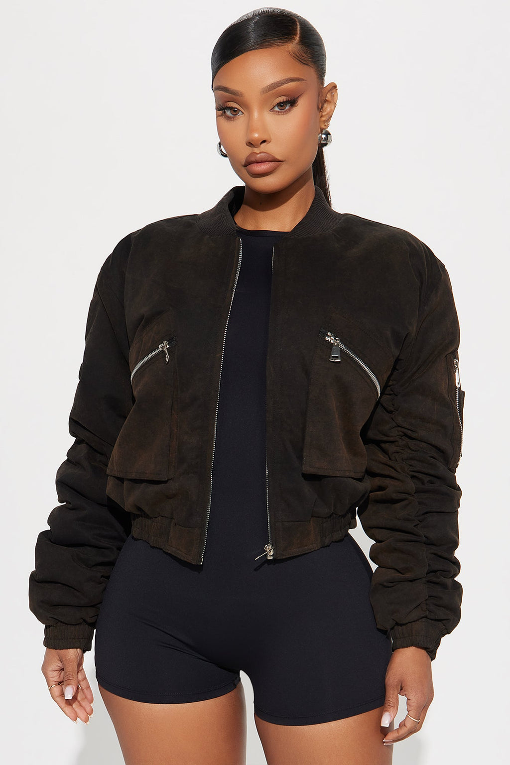 Edgy Girl Washed Bomber Jacket - Brown Combo