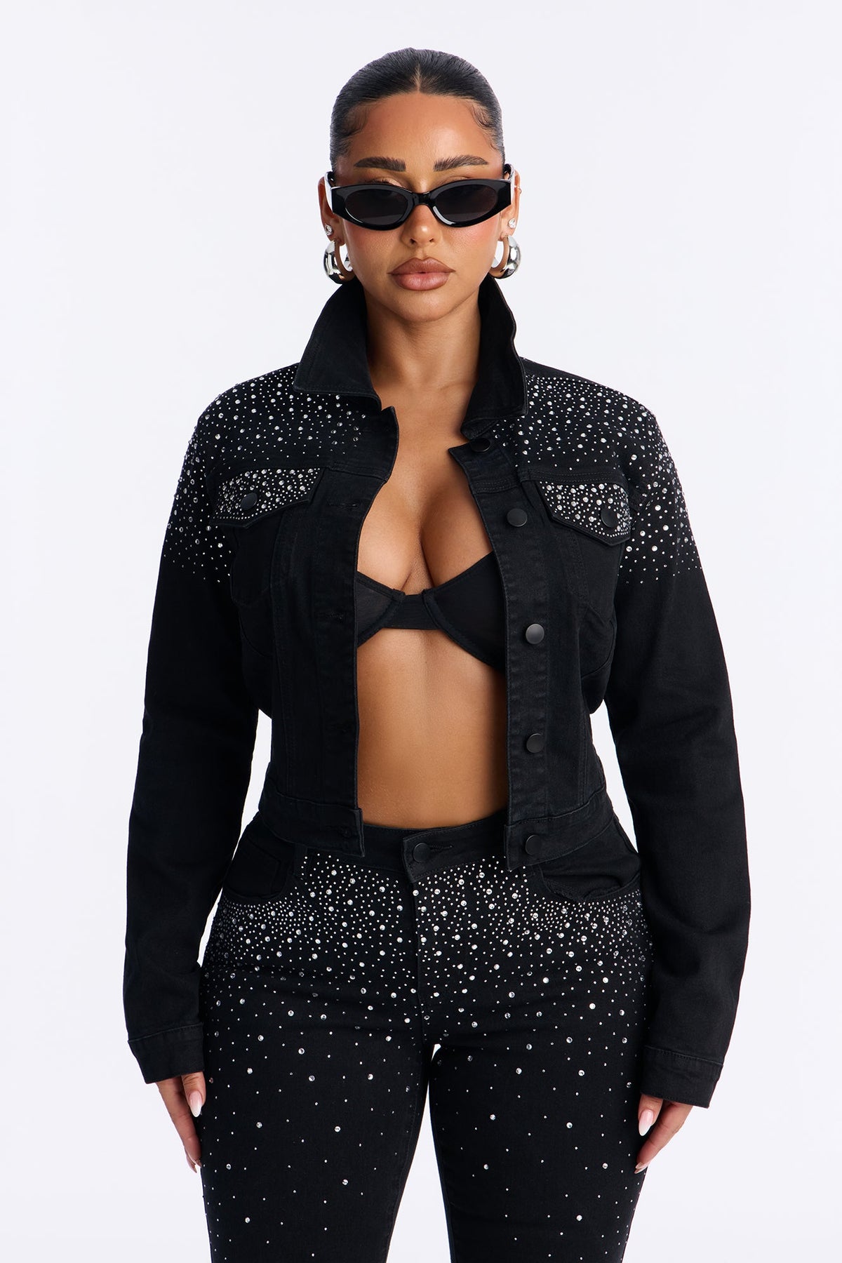 Two-Step Embellished Stretch Denim Jacket - Black Wash