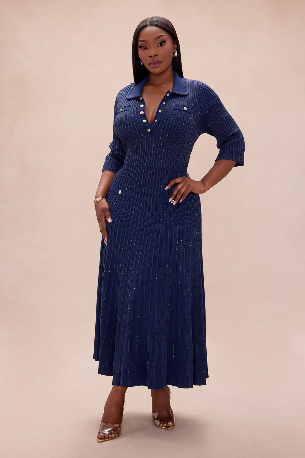 Rachelle Embellished Collared Maxi Dress - Navy