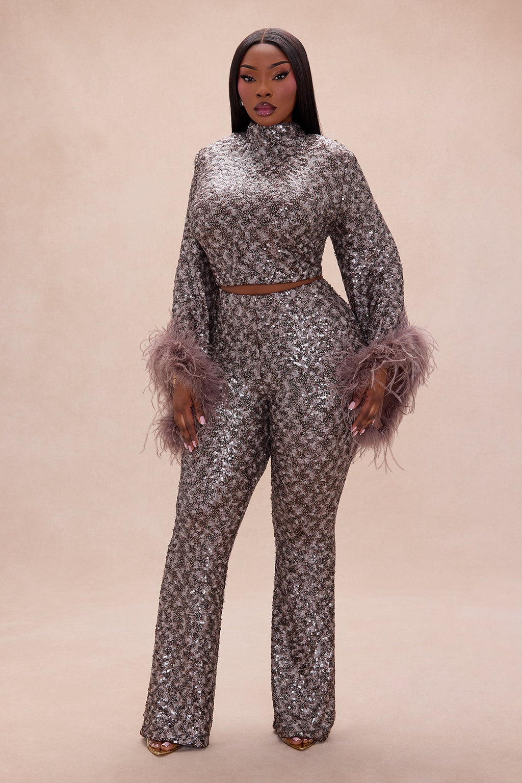 Opal Dreams Feathered Sequin Pant Set - Chocolate