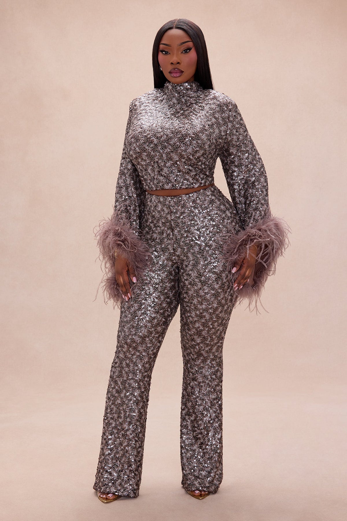 Opal Dreams Feathered Sequin Pant Set - Chocolate