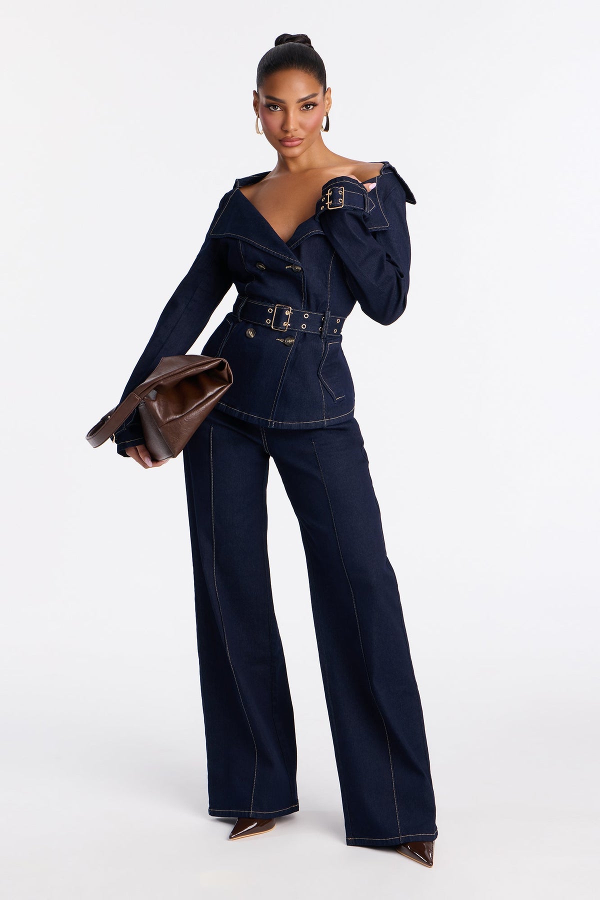 Ellanor Belted Trench Denim Pant Set - Dark Denim