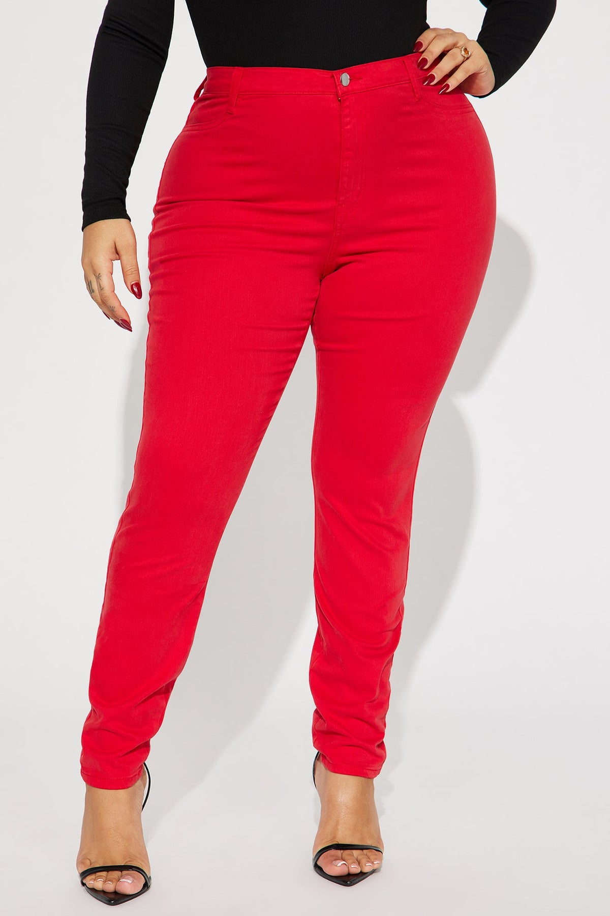 Classic Color High Waist Skinny Jeans - Red