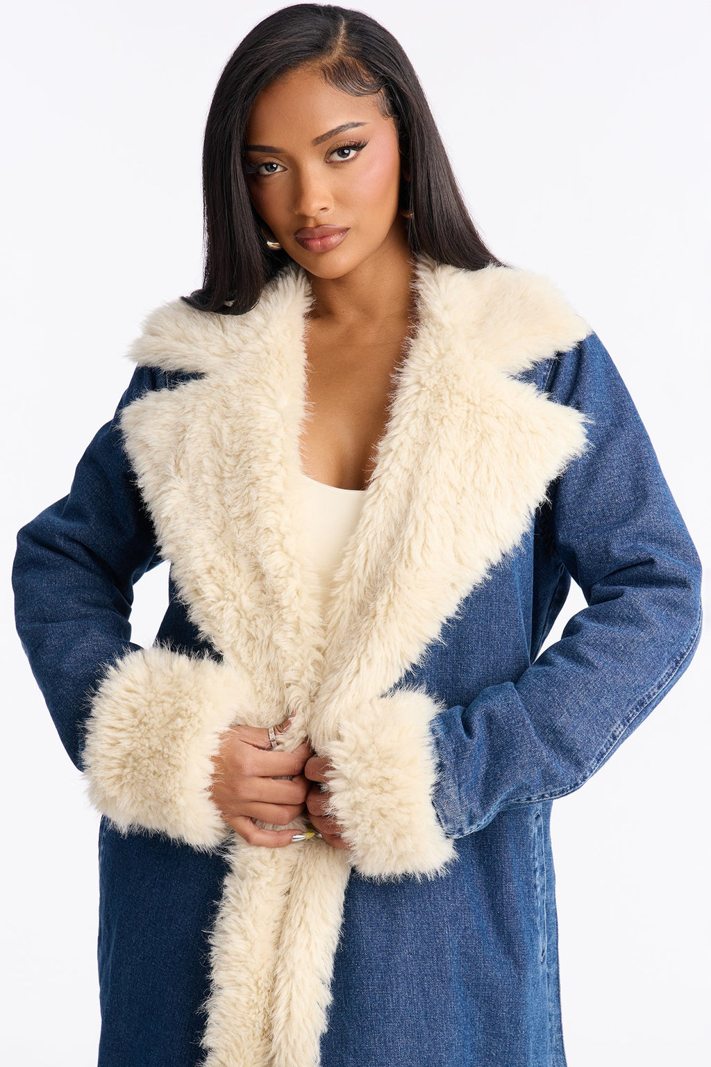 CPH Faux Fur Quilted Denim Jacket - Dark Wash