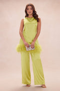 Chic Obsession Feathered Satin Pant Set - Chartreuse