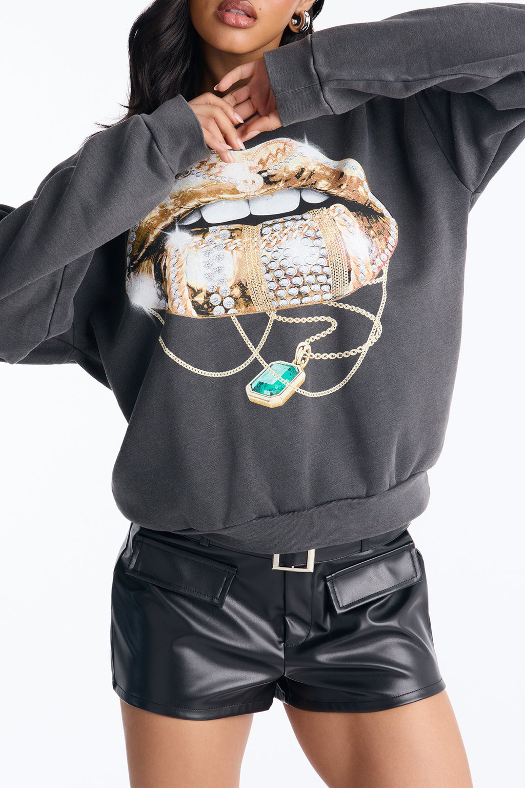 Lips With Chain Crew Sweatshirt - Black Wash