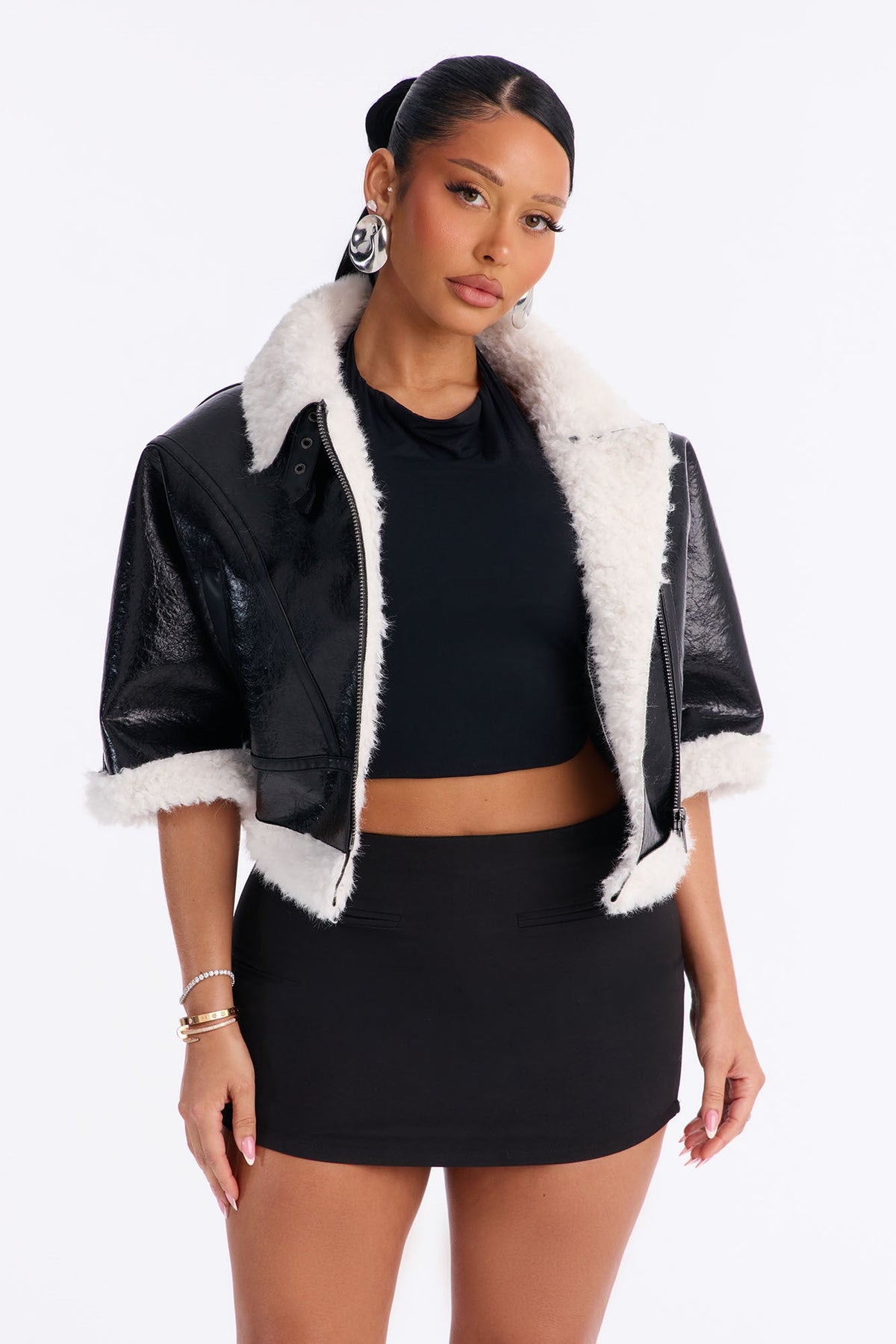 She's Sassy Short Sleeve Faux Leather Cropped Moto Jacket - Black