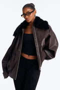 She's The Boss Fur Trim Bomber - Brown