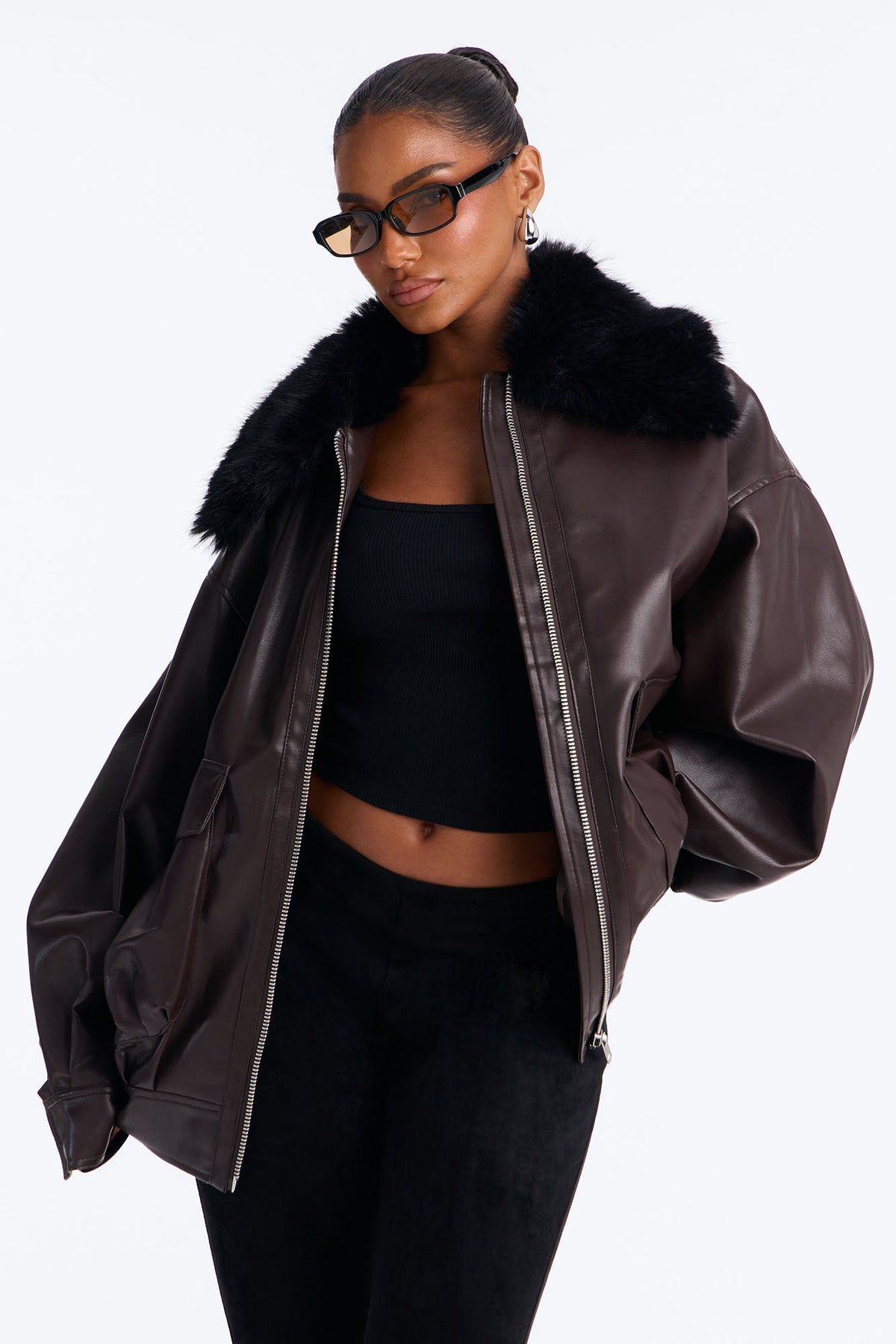 She's The Boss Fur Trim Bomber - Brown